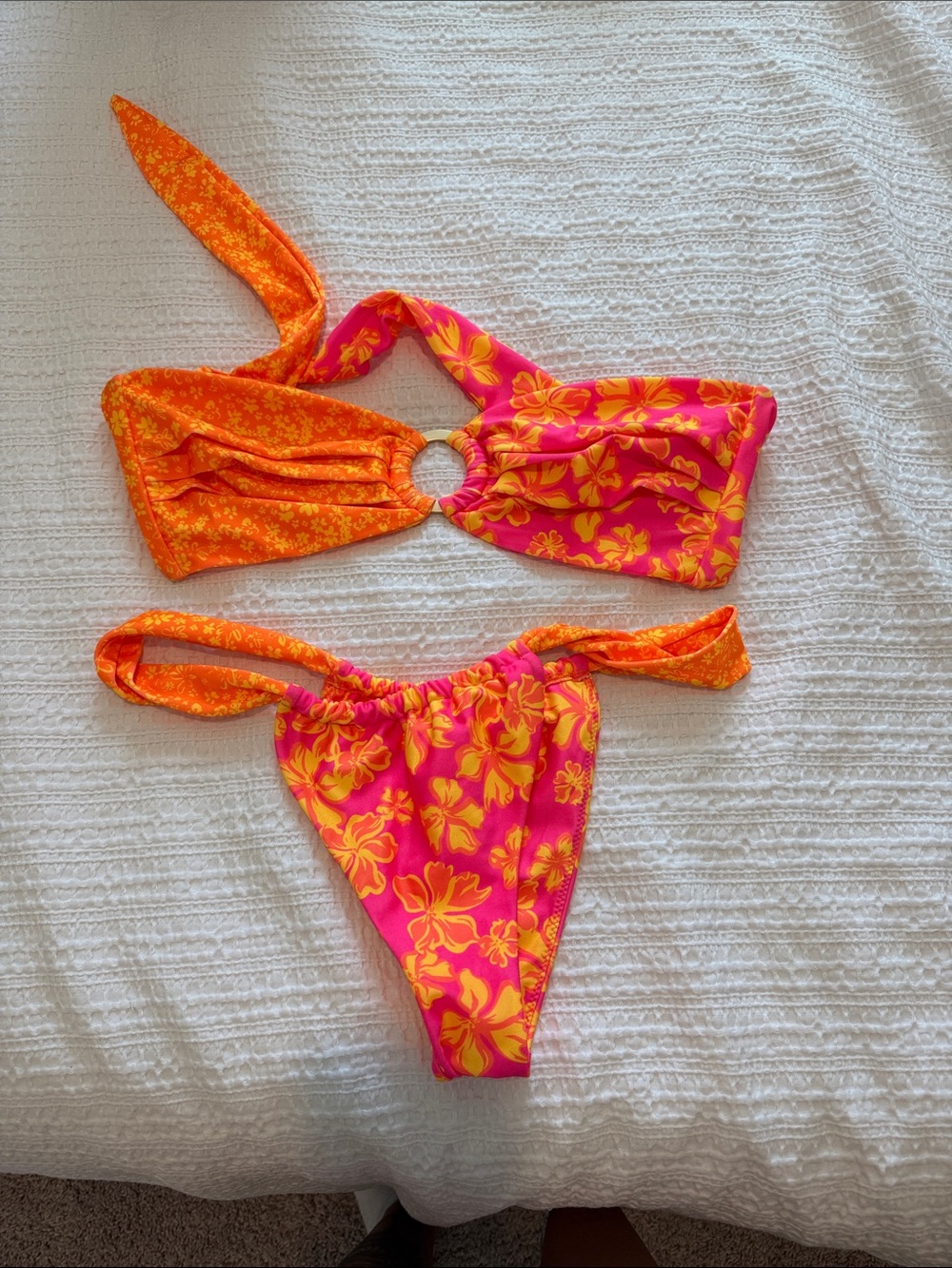 Kulani Kinis Orange & Pink Floral Ring-Detail Bikini